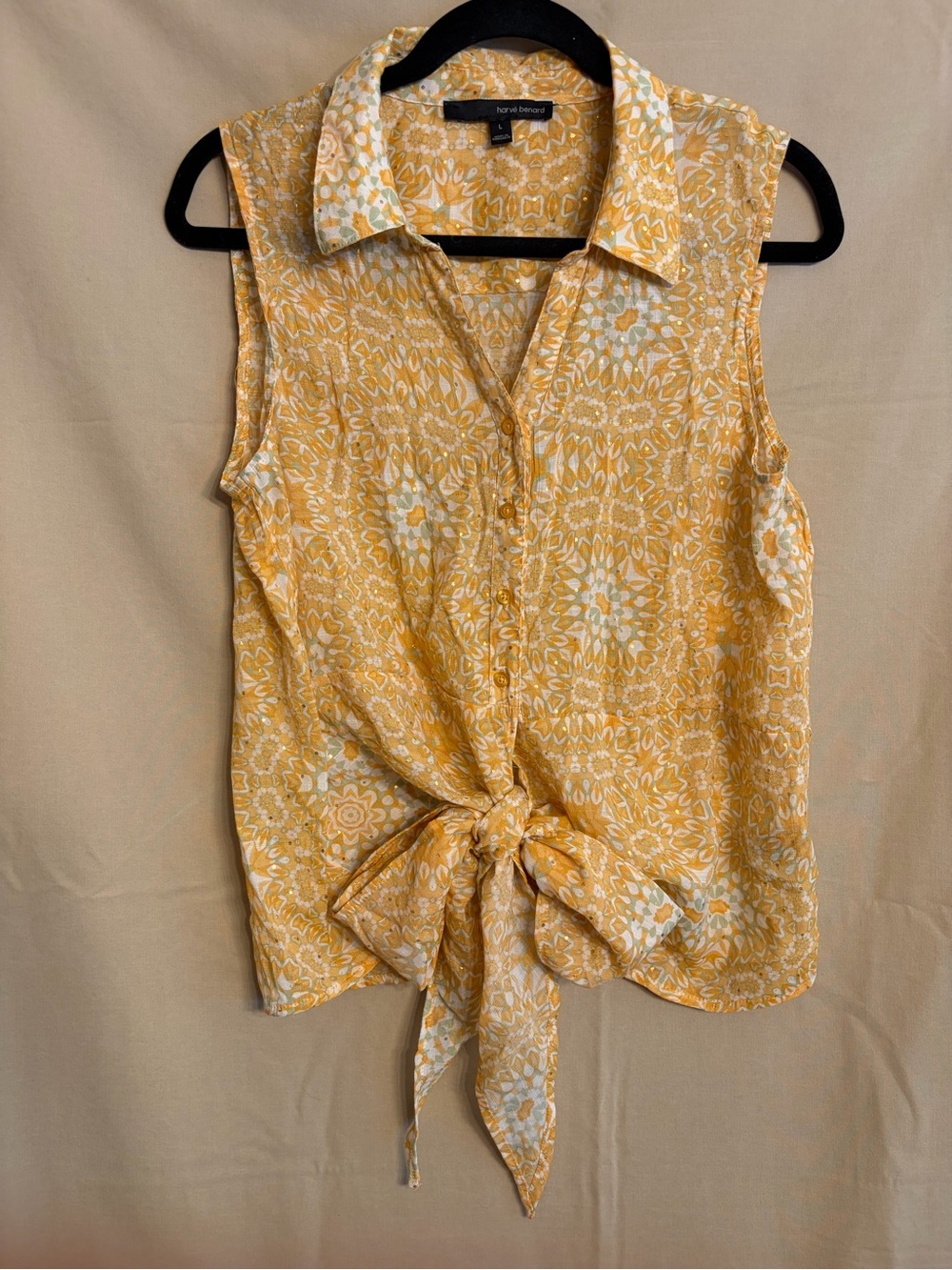 Harve Benard Yellow Floral Tie-Front Sleeveless Blouse Metallic Accent